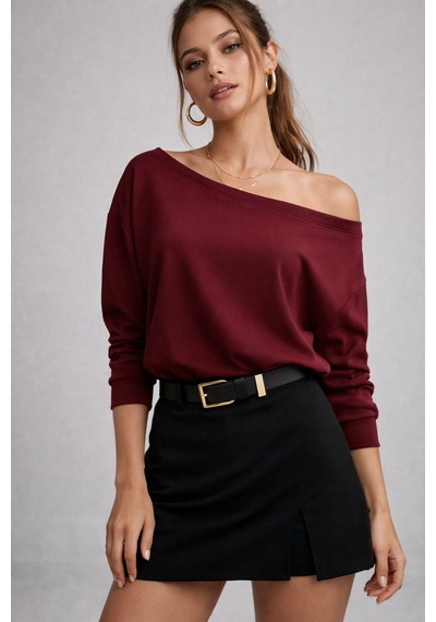 Wild Bee Kadın Bordo Düşük Omuz Modal Bluz