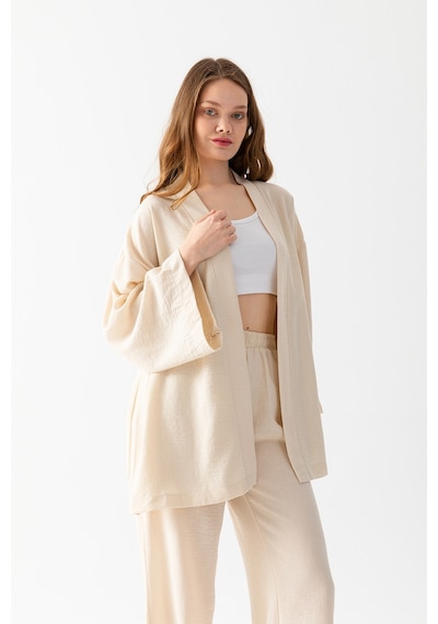 Zen Elegance Kadın Kimono Takım - Geniş Paça Keten Dokulu Alt Üst Yazlık Kadın Takım Bej Zen Elegance Kadın Kimono Takım - Geniş Paça Keten Dokulu Alt Üst Yazlık Kadın Takım Bej