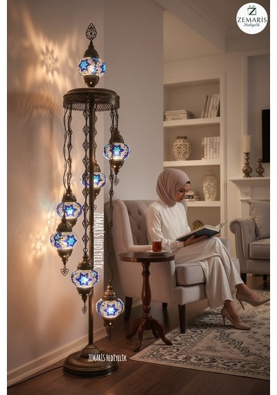 El Yapımı Otantik Mozaik Lambader 7 Li 6+1 Camlı Lacivert - 857622442 Diğer