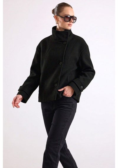 Olcay Dik Yaka Oversize Kısa Kaban Siyah 3203