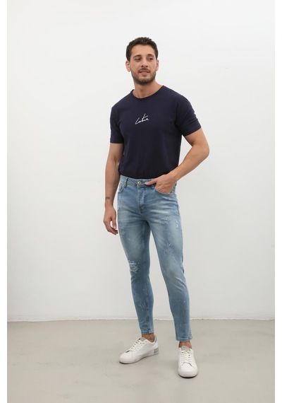 Erkek Skinny Ripped Jean Açık Mavi Koyu Mavi