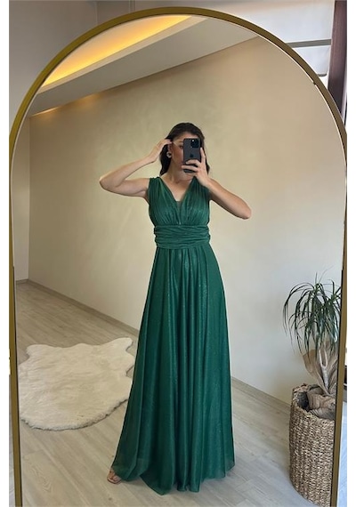 Neşeli Butik Kadın Drapeli Işıltılı Kalın Askılı Abiye Elbise Nm003 Zümrüt Yeşili