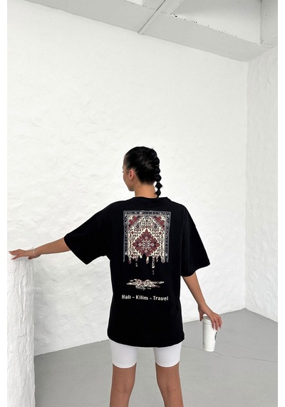 Technomonkey Unisex Siyah Oversize Halı Kilim Travel Desenli Techno Tişört