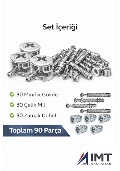 İmt Aksesuar Zamak Metal Dübelli Minifix Gövde Mil Ve Dübel Seti - Mobilya Ve Dolap Bağlantı Elemanı 30 Takım Metalik