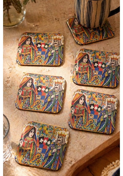 İskambil Serisi Bardak Altlığı 6 Lı Set Sicilya Temalı Kolaj 9 Cm Mdf Çok Renkli
