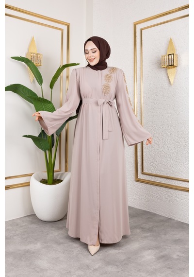 Nevayla Moda Sol Tarafı İnci Detaylı Ferace - Bej / F0140 Bej