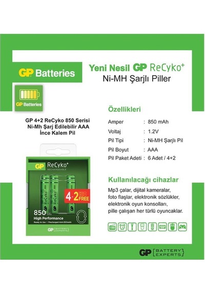 Gp Recyko Aaa 850 Mah Şarjlı İnce Kalem Pil 4+2 Li Paket