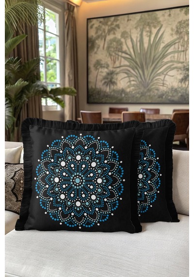 Mandala Şıklığı Saçaklı Yastık Kılıfı - Bohem Siyah Mavi Püsküllü Kırlent Kılıfı Grili Krem Bej