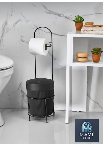 Kovalı Tuvalet Kağıtlığı, Çöp Kovalı Tuvalet Kağıdı Askısı, Banyo Çöp Kovası, Tuvalet Kağıtlık Siyah