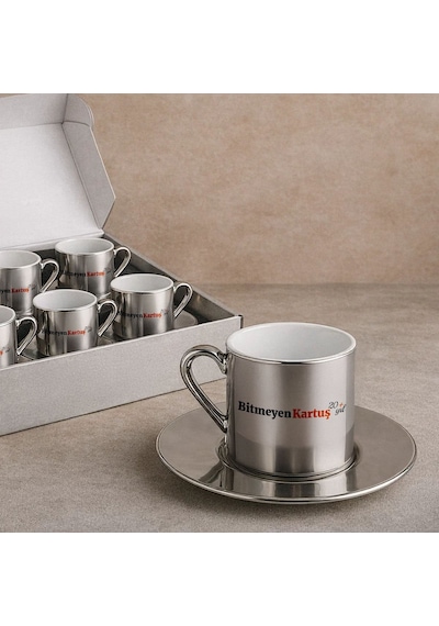 Firmalara Özel Logolu Porselen Metalik Gümüş Kahve Fincanı 6lı Set, Promosyon Fincan, Logolu Kurumsal Hediye Kobitmeyencom36511 Bk Gift Renkli