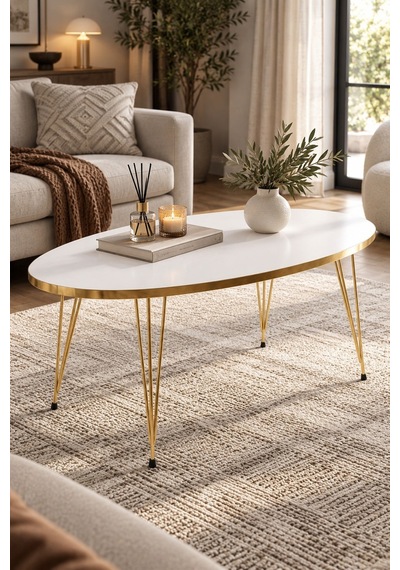 Sulorahome Elips Gold Beyaz Orta Sehpa Beyaz - Altın
