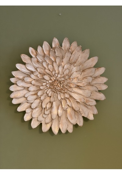 Çiçek Dekoratif Duvar Tabağı / Obje Krem & Eskitme Altın Yaldız 28 Cm