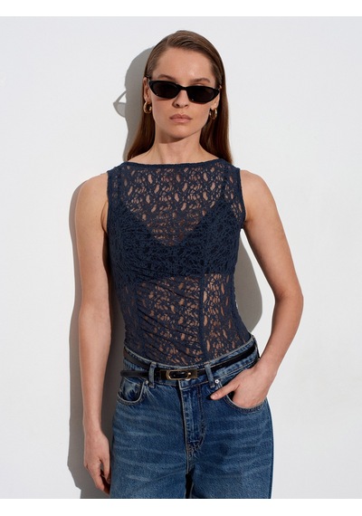Dilvin 21202 Dantel Detaylı Kolsuz Top-indigo İndigo