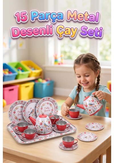 Çiçek Desenli 15 Parça Metal Çay Seti 4 Kişilik Eğitici Ve Eğlenceli Evcilik Oyuncak Seti 1