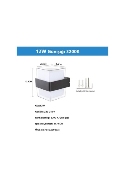 Tr Duvar Lambası Modern Led Işık 12w 3200k Gün Işığı Su Geçirmez Duvar Aplik İç&dış Mekan Aydınlatma 2 Ade