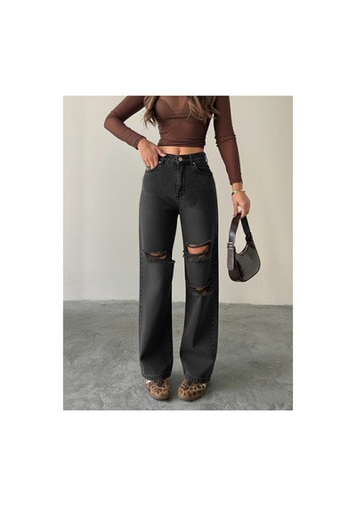 Blue Marlın Çift Diz Lazer Yırtık Boyfriend Bol Paça Jeans Siyah