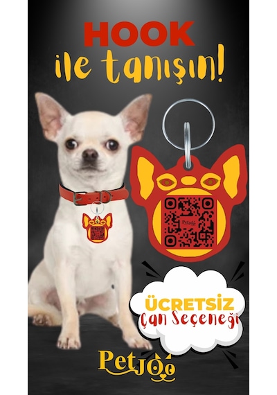 Petjoo 7.Hook Sarı-Kırmızı Qr'lı Köpek Künyesi