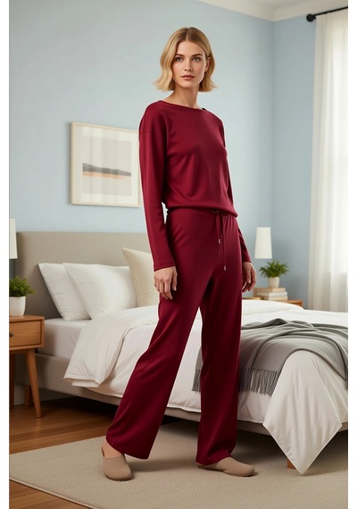 Benerly Kadın Bisiklet Yaka Düşük Kol Relaxed Kalıp Örme Pijama Takımı Fo bordo