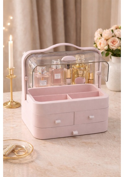 Elora Pembe Makyaj Organizeri, 35x26x17,5 Cm, 3 Çekmeceli, Şeffaf 90 İki Kapaklı