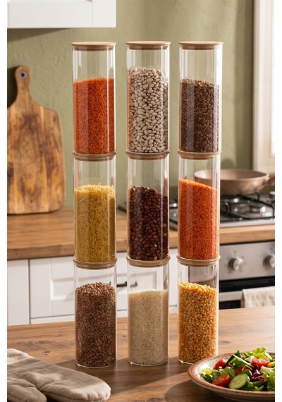 Porsima 3-3 Bambu Vakumlu Kapaklı Yuvarlak Borosilikat Cam 9lu Kavanoz Seti Saklama Kabı 1650ml 10x25cm Şeffaf