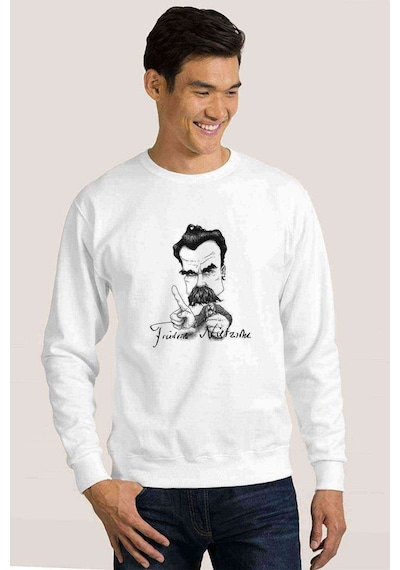Friedrich Wilhelm Nietzsche Baskılı Beyaz Erkek Sweatshirt