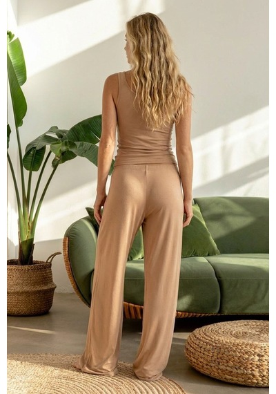 Siyah İnci Geniş Askılı Viskon Örme Pijama Takım 8012 Vizon