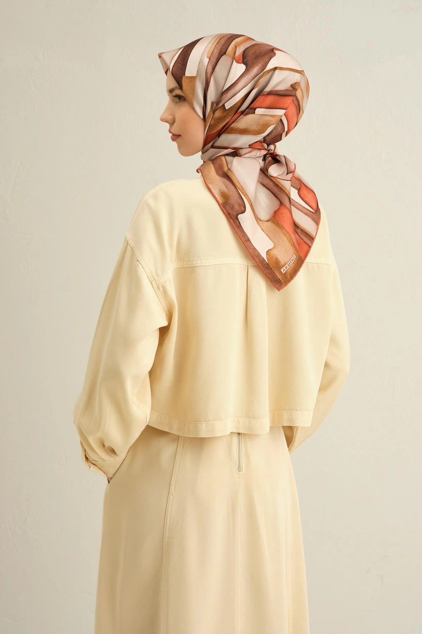Armine Soyut Desenli Saf İpek Twill Eşarp 9306d 09 KAhverengi