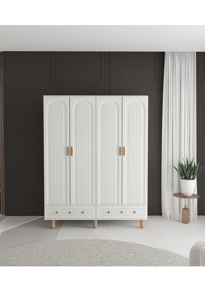 Mila 4 Kapaklı Çekmeceli Gardırop - Tamamı Mdf Beyaz