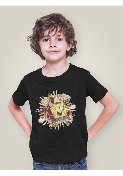 Sevbano Kovboy Süngerbob Baskılı Unisex Çizgi Film Çocuk Tişört 1-12 Yaş SIYAH