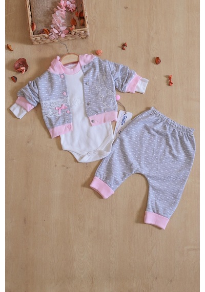 Sitilin Kız Bebek Tavşan 3 Lü Kapişonlu Bebek Takım Seti Stl6418 Gri - Pembe
