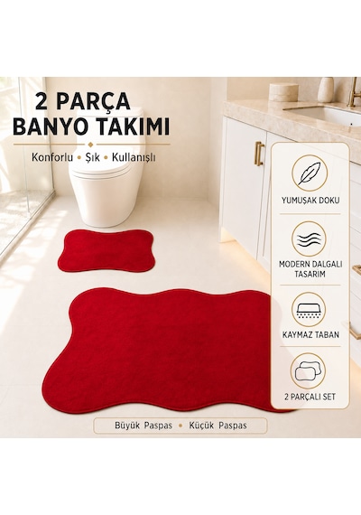 2 Li Banyo Paspası Halısı Seti Kaymaz Tabanlı Yıkanabilir Klozet Takımı Kırmızı