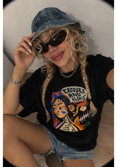 Yolo Street Oversize Siyah Grafik Baskılı Tişört %100 Pamuk Streetwear Unisex Anime Vintage Tasarım T-shirt Siyah1