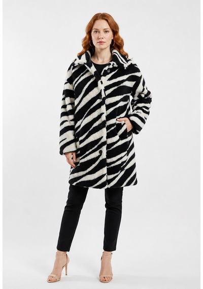 Neden Tekstil Zebra Desenli Kadın Peluş Kaban - Siyah
