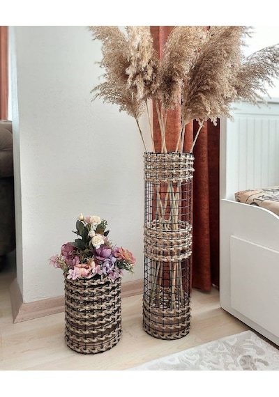Egindra Trendev Metal Tel Hasır Örgülü Özel Tasarım Pampas Vazosu 25 Ve 50 Cm 2Li Set