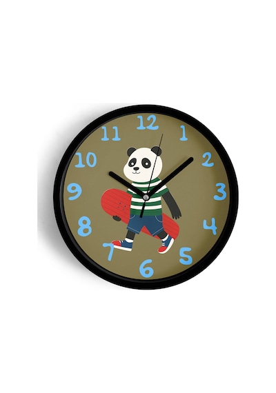 Güneş Gözlüklü Kaykay Yapan Sevimli Panda Çocuk Odası Modern Duvar Saati - 25cm - Önü Camlı-jh0216 Siyah