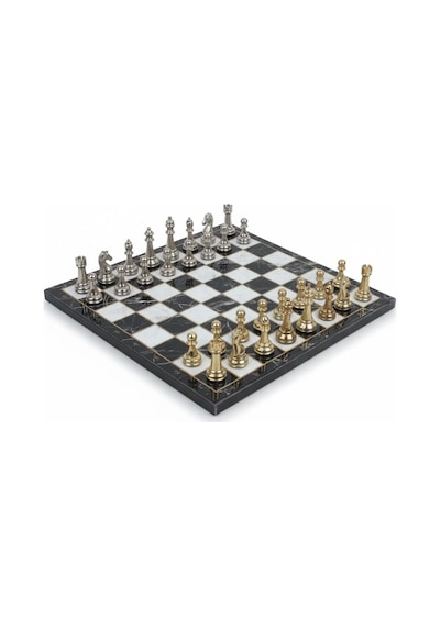 Lüks Metal Satranç Takımı Krom Kaplama Klasik Gold Temalı Figür Siyah Mermer Desenli Tahta 20 Cm.
