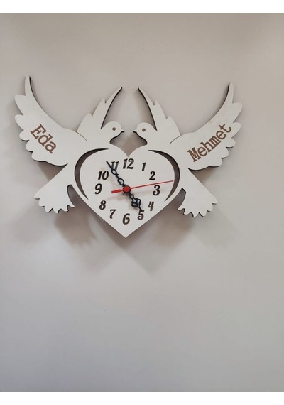 Duvar Saati Kuşlu Kişiye Özel Beyaz