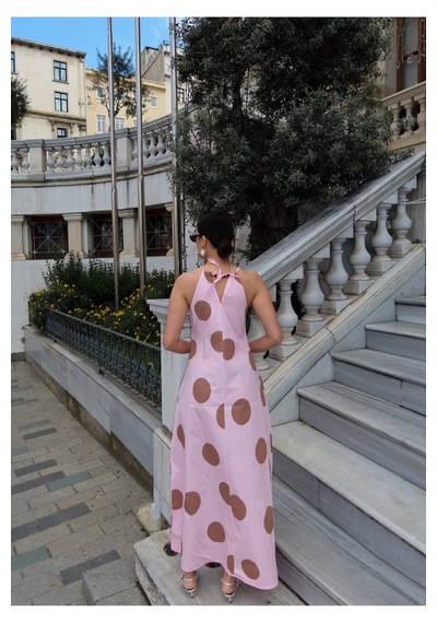 Kechi Woman Poplin Kumaş Büyük Puantiye Desenli Uzun Elbise Pembe