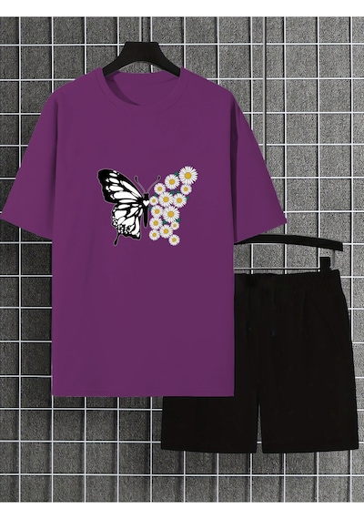 Uyguntarz Unisex Papatyakelebek Tasarım Basklı Tshirt Eşofman Takımı Mor
