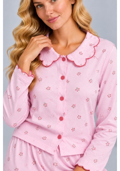 Pijamask Kadın Çiçek Desenli Bebe Yaka Düğmeli Uzun Kollu Müslin Pijama Takımı Pembe