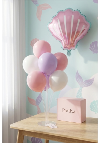 Pembe Deniz Kabuğu Midye Balon Stand Seti Şeffaf 7 Li Stand + Pembe Midye Folyo Balon + 7 Lateks Balon