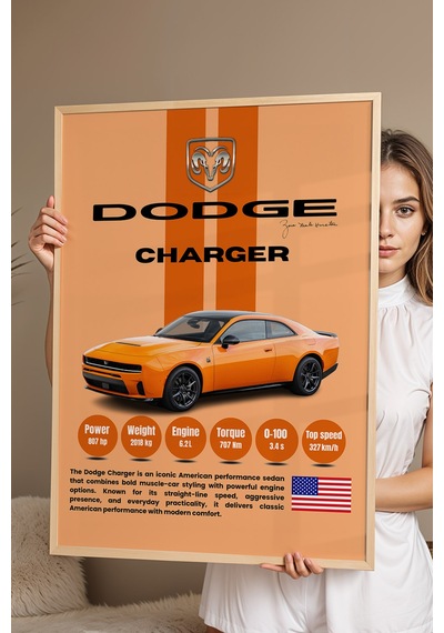 Dodge Charger Araba Tablosu - Teknik Özellikli Otomobil Poster - Çerçeveli Duvar Dekoru Kayın