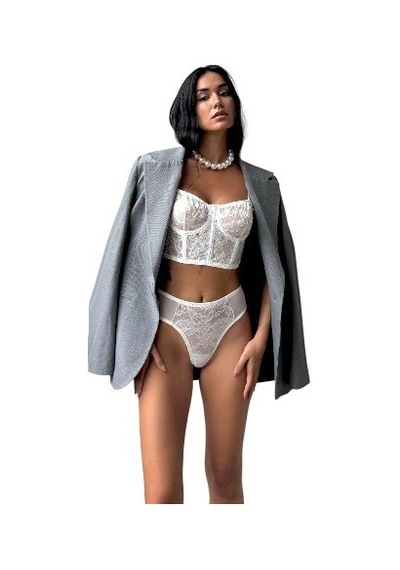 Onsekiz18shop İçi Boş Gümüş Simli Çiçekli Tül Beyaz Büstiyer Takım