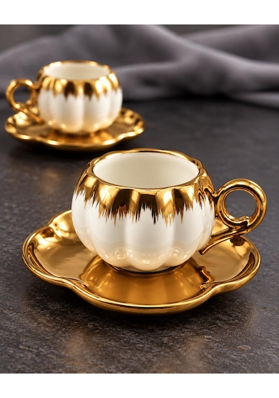 Valkyrie 6 Kişilik Beyaz Gold Balkabağı Model Türk Kahvesi Fincan Takımı 12 Parça 80 Ml Çeyizlik Byz