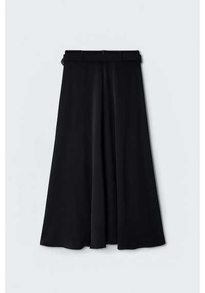 Sateen Kemerli Yırtmaç Detaylı Kloş Etek - Siyah-137415
