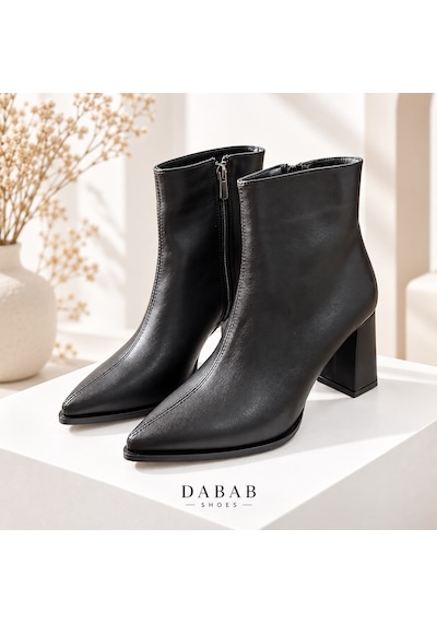 Dabab Shoes Yona Kadın Siyah Cilt Sivri Burun Ön Dikiş Detaylı Fermuarlı İçi Sıcak Astarlı 7 Cm Kalın Topuklu Bot Bootie