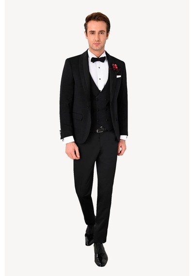 Erkek Siyah Slim Fit Şal Yaka Yelekli Damatlık