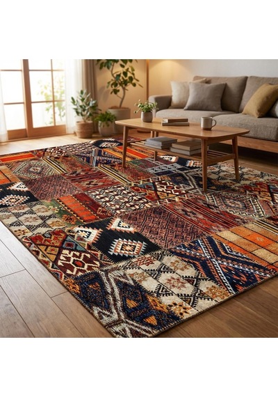 Turuncu Kahve Çok Renkli Salon Halısı Etnik Patchwork Dijital Baskılı Kaymaz Tabanlı Halı Dijital