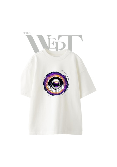 Thewert Astronot Kara Delik Tasarım Baskılı Ünisex Beyaz Oversize T-shirt