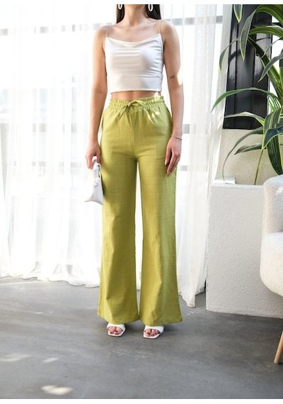 Etiler Collection Beli Lasti Kli Ve Bağcikli Keten Pantolon Yağ Yeşili